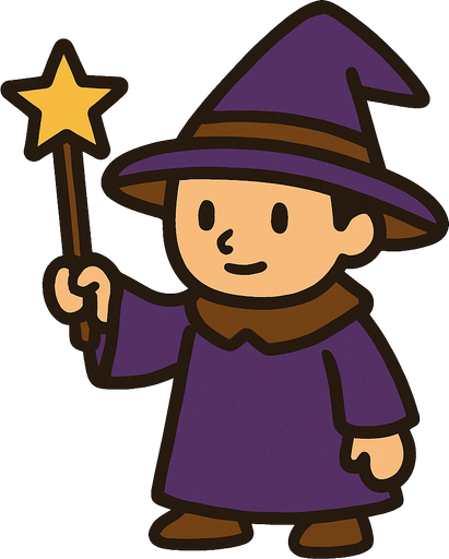 Mago con sombrero morado oscuro y marrón sin barba con varita con estrella, de cuerpo entero.
In-Game asset.  2d.  High contrast.  No shadows