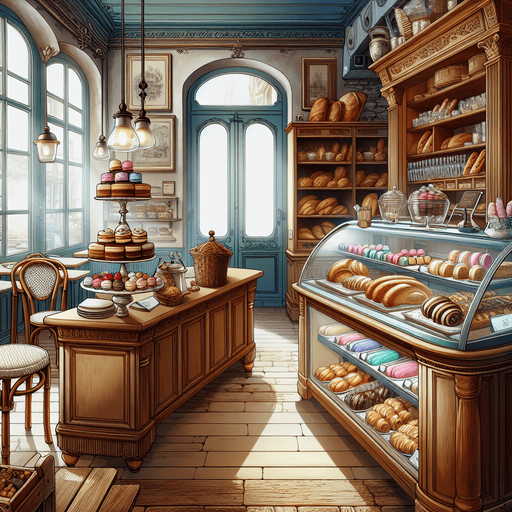 interieure de patiserie.
Single Game Texture. In-Game asset. 2d. Blank background. High contrast. No shadows.