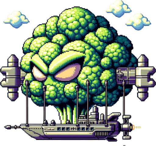 an evil broccoli airship.
Single Game Texture. In-Game asset. 2d. Blank background. High contrast. No shadows. 8bit