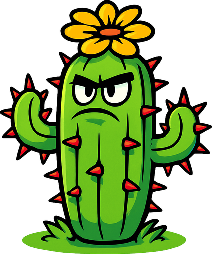 Cactus inspirado en Plants vs. Zombies. Planta verde con cuerpo segmentado cubierto de espinas rojas intensas, aspecto heroico y desafiante. Tiene una flor en la parte superior de color amarillo brillante y ojos decididos mirando hacia el frente. Postura erguida sobre césped, sin atacar, con estilo caricaturesco, líneas limpias, colores vivos y sin sombras. Fondo transparente, ideal como asset 2D para videojuego..
In-Game asset.  2d.  High contrast.  No shadows