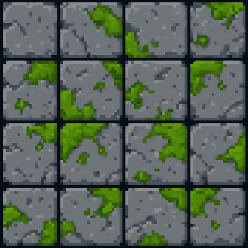 A tile of grey and mossy dungeon stone floor. Pixel art..
In-Game asset.  2d.  High contrast.  No shadows
