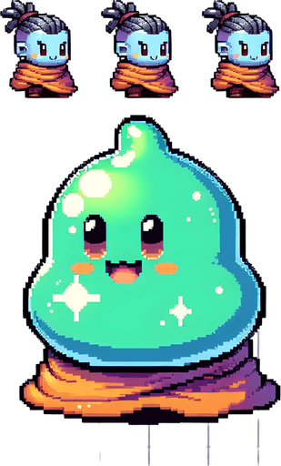 snes anime dragon quest style slime enemy.
Single Game Texture.  In-Game asset.  2d.  Blank background.  High contrast.  No shadows
