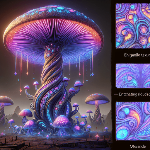 Standing proudly in the mystical, otherworldly terrain is the Enchanted Glowing Psychedelic Mushroom Obstacle, a breathtaking marvel that both enthralls and challenges those who encounter it. This colossal mushroom radiates a mesmerizing array of vivid, shifting colors, bathing its surroundings in a surreal, luminescent glow. The cap of the mushroom is adorned with intricate, swirling patterns that pulsate rhythmically, creating a hypnotic dance of light and shadow.

Its stalk, tall and sturdy, is covered in delicate, bioluminescent tendrils that sway gently, as if moved by an unseen breeze. These tendrils emit a soothing hum, resonating with an enchanting melody that captivates the senses. The air around the mushroom is filled with a faint, sweet fragrance, mingling with the soft, ethereal glow to create an atmosphere of wonder and magic.

As an obstacle, the Enchanted Glowing Psychedelic Mushroom presents a unique challenge: its radiant beauty is both a beacon and a barrier. Adventur.
Single Game Texture. In-Game asset. 2d. Blank background. High contrast. No shadows.