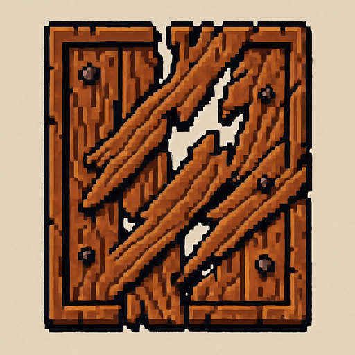 Vista cenital de una baldosa de puerta de madera destruida, aislada, vista desde arriba, estilo pixel art 2D para videojuego, textura continua y repetible, sprite de 32x32. Sin manija, sin marco, sin bisagras. Tablones de madera rotos, astillas y clavos decorativos dispersos. Vetas de madera estilizadas. Alto contraste, arte estilo hecho a mano. Sin sombras. Sin fondo..
In-Game asset.  2d.  High contrast.  No shadows