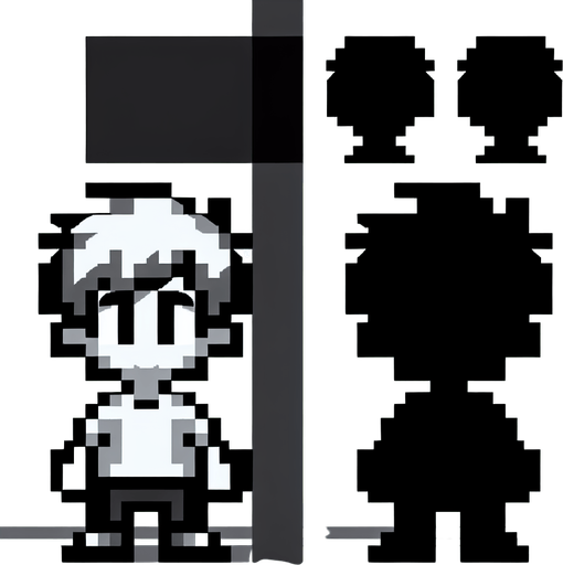 Make an 8 bit black and white grayscale boy.
Single Game Texture.  In-Game asset.  2d.  Blank background.  High contrast.  No shadows