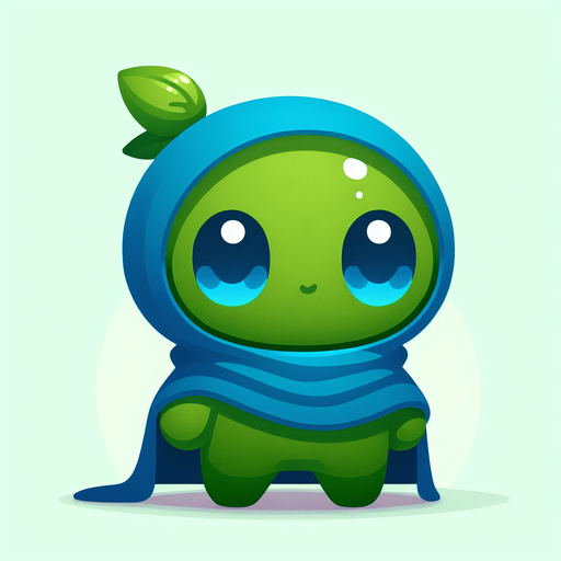 Uma bolinha verde dos olhos azuis fofo com uma capa azul fundo png 2d.
Single Game Texture. In-Game asset. 2d. Blank background. High contrast. No shadows.
