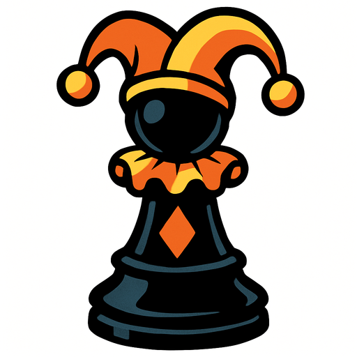 a black chess piece that resembles a chess pawn but is dressed like a jester.
In-Game asset.  2d.  High contrast.  No shadows