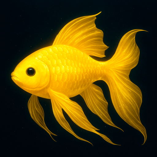 A conceptual design of a golden, yellow-colored fish with a unique, bioluminescent quality. Its body is a vibrant yellow-gold, and the scales appear to subtly glow, as if illuminated from within. Its fins are long and flowing, resembling flowing silk, giving the fish an ethereal quality. The fish's eyes are large and black, providing a stark contrast to its bright body. It's swimming in a dark, deep-blue water, creating a dramatic visual effect. The colors and the composition are rendered in a high-resolution image with a sharp focus, ensuring every detail of the fish's body and its bioluminescence is visible, creating a visually stunning and memorable artwork..
In-Game asset.  2d.  High contrast.  No shadows. fish