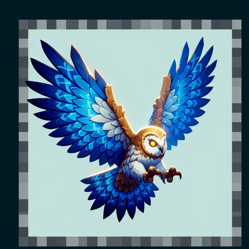 flying owl with blue gold color mix asset.
Single Game Texture.  In-Game asset.  2d.  Blank background.  High contrast.  No shadows
