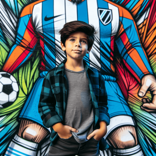 Boy standing in front cartoon soccer uniform