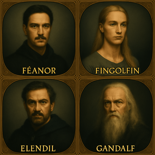 Tamamen aynı stil aynı çerçeve aynı boyut ve aynı biçimi kullan ancak Feanor (Sakalsız yüce elf), Fingolfin (Sarışın uzun saçlı elf), Elendil, Gandalf ı yap