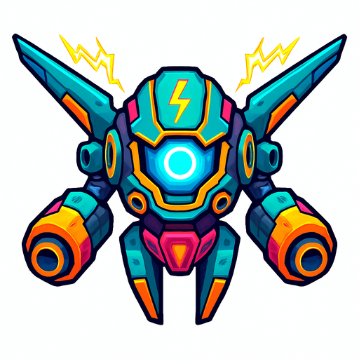 different cyber electro flying enemy from the front side facing camera. HD colors. separated
In-Game asset.  2d.  High contrast.  No shadows