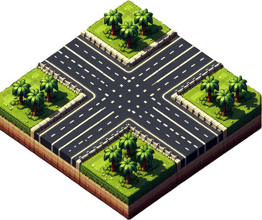 four-lane road with green lawns and palm trees.
Single Game Texture. In-Game asset. 2d. Blank background. High contrast. No shadows.