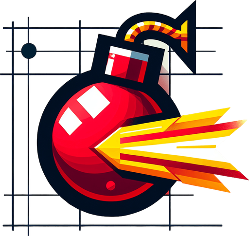 Red bomb with a yellow laser reflecting everywhere.
Single Game Texture. In-Game asset. 2d. Blank background. High contrast. No shadows.