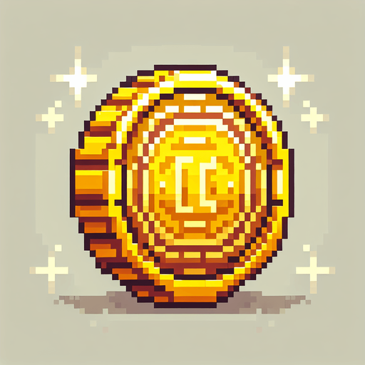 Золотая монетка.
Single Game Texture.  In-Game asset.  2d.  Blank background.  High contrast.  No shadows. pixel art