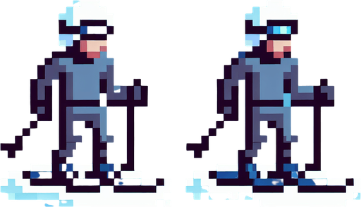 Pixel art of a Skiier. front view. side view..
In-Game asset. 2d. Blank background. High contrast. No shadows.
