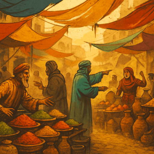 A dusty medieval trade bazaar with exotic goods, traders shouting, spices in the air, colorful fabrics blowing in the wind, realistic.
In-Game asset.  2d.  High contrast.  No shadows