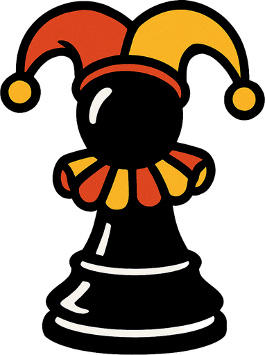 a black chess piece that resembles a chess pawn but is dressed like a jester.
In-Game asset.  2d.  High contrast.  No shadows