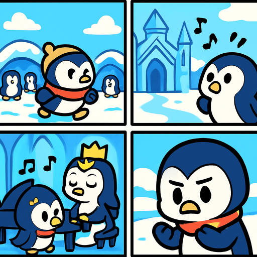 4-panel comic strip, no text, cute cartoon style, bright colors, black outlines.
Characters: Penguin Hero (small, determined) + Penguin Princess (elegant, crown) + Village Penguins
Central Theme: Music connects hearts, piano mastery wins love.  Hero sees Princess's beautiful piano playing, falls in love

Panel 1: Hero living normal life in penguin village
Panel 2: Hears beautiful piano music from Princess's ice palace
Panel 3: Sees Princess playing gracefully, hearts float around Hero
Panel 4: Hero determined but nervous, looking at his flippers.
In-Game asset.  2d.  High contrast.  No shadows