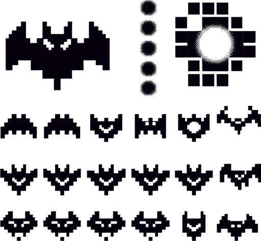 8-bit pixelated dark bat stylized icon shaped throwing ninja star on a spritesheet containing multiple stages of the bat flapping it's wings up and down.
Single Game Texture. In-Game asset. 2d. Blank background. High contrast. No shadows.
