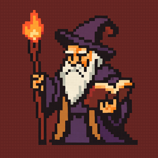 pixel art old wizard boss.
In-Game asset.  2d.  High contrast.  No shadows