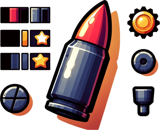 A cartoon bullet.
Single Game Texture.  In-Game asset.  2d.  Blank background.  High contrast.  No shadows