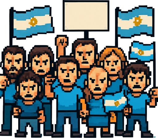 Un grupo de gente manifestando a cuerpo completo mirando al frente enojada con banderas argentinas, todo en pixel art.
In-Game asset.  2d.  High contrast.  No shadows
