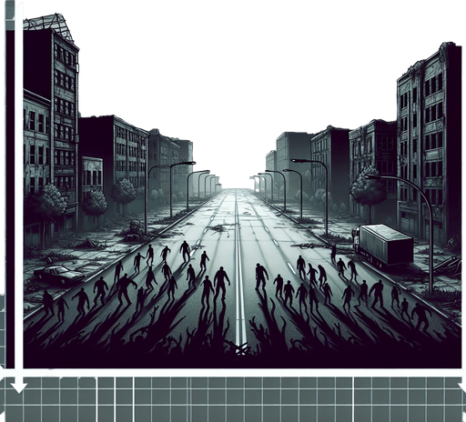 Open road in a city that is plagued by zombies.
Single Game Texture. In-Game asset. 2d. Blank background. High contrast. No shadows.