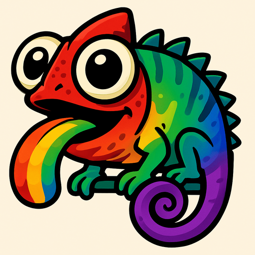 kocaman gözleri olan ve ağzında olan her renge göre renk değiştiren bir bukalemun.
In-Game asset.  2d.  High contrast.  No shadows