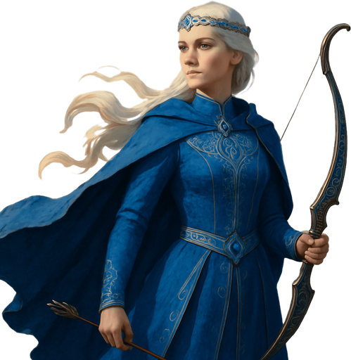A noblewoman-archer dressed in royal blue and silver, standing on a hilltop during dawn. Female, 30 years old, graceful but strong, with long platinum blonde hair in a braid, storm-grey eyes, and porcelain skin. She wears a sapphire-encrusted circlet and carries an ornate elven longbow. Her cloak flutters in the wind. Realistic, highly detailed, elegant fantasy tone. relistic.
In-Game asset.  2d.  High contrast.  No shadows