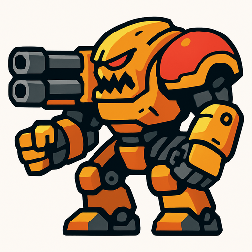Aggressive strong big robot 2d game right side.
In-Game asset.  2d.  High contrast.  No shadows