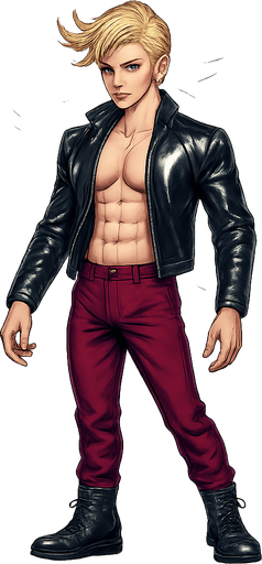 Swishy graceful man Cyberpunk manga, idle animation, shiny black leather biker jacket longsleeves shirtless Skinny abs blonde pompadour guy, wine red joggers combat boots, Background removed, "Full-body character, entirely in frame, no cropping of face, head, or feet" "Complete character visible, from head to toe, fully centered in the image" "Entire character, including face and boots, fully within the frame" Character fully contained within a square frame, no edges cut off fashion model idle pose