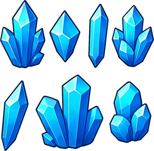 Pack of a different crystal assets. Blue sky color. HD colors..
In-Game asset.  2d.  High contrast.  No shadows