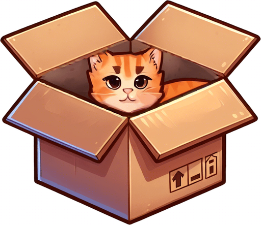 cute Chibi ginger cat look from the box into the camera. Cheeky, happy. Dark Brown eyes