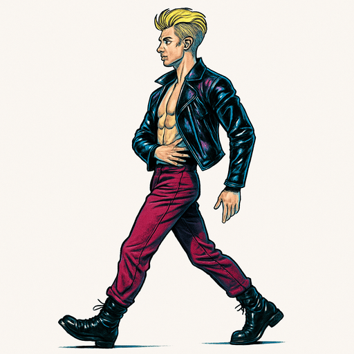 Swishy graceful man Cyberpunk manga, camera-facing arm bent In fro t of body, side profile view walking animation, shiny black leather biker jacket longsleeves shirtless Skinny abs blonde undercut pompadour guy, action shot wine red joggers combat boots, Background removed, "Full-body character, entirely in frame, no cropping of face, head, or feet" "Complete character visible, from head to toe, fully centered in the image" "Entire character, including hair and boots, fully within the frame" Character fully contained within a square frame, no edges cut off fashion model walking pose Style of vogue magazine