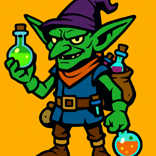 kimyasalcı goblin, boydan.
In-Game asset.  2d.  High contrast.  No shadows