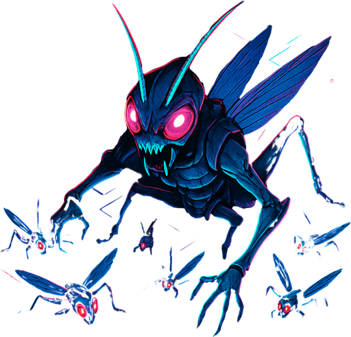 Neon cyberpunk horror anime top down isometric Lokix Nymble robot locusts swarming