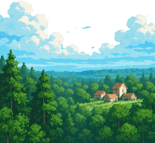 16 bit image langit biru cerah, daerah hutan luas, di kejauhan ada pedesaaan sederhana. suasana pagi hari langit biru.
In-Game asset.  2d.