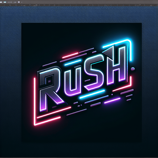 Gray Cyber neon lit logo of the word Rush.
Single Game Texture. In-Game asset. 2d. Blank background. High contrast. No shadows.