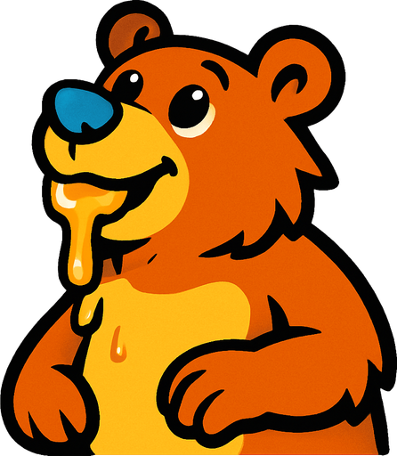 Oso naranja de pelaje con pecho y osico amarillo, al igual que un nariz azul, quiero que tenga un poco de miel en su boca y que mire hacia arriba.
In-Game asset.  2d.  High contrast.  No shadows