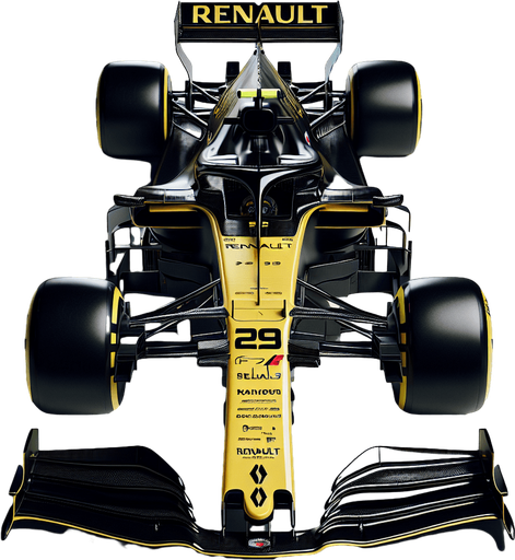 Photorealistic F1 Renault race car. TOP VIEW.
Shiny black body with shiny yellow nose. 
Replace every ,,RENAULT" texts to ,,RENAIULT".
Yellow rear wing. Black ,,RENAIULT" text and logo on nose with black racenumber.