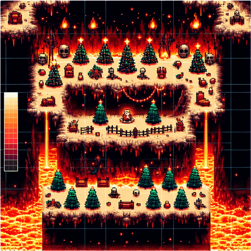 16 bit top view background of a christmas field set in hell Single Game Texture. In-Game asset. 2d. Blank background. High contrast. No shadows.