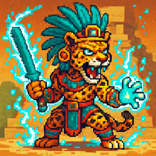 Generame un jaguar guerrero con efectos de energia estilo magico, pixelar, con ambientacion azteca.
In-Game asset.  2d.  High contrast.  No shadows