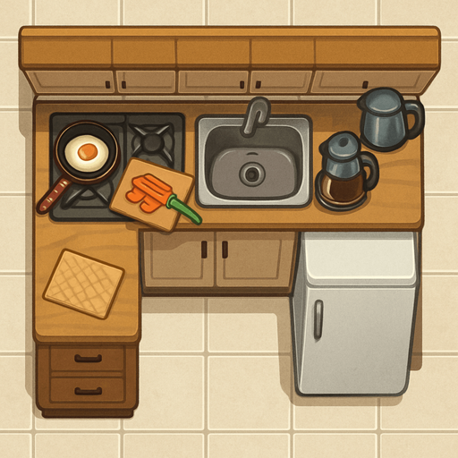 Mutfak - üstten görünüm - gerçekçi - yazısız.
In-Game asset.  2d.  High contrast.  No shadows