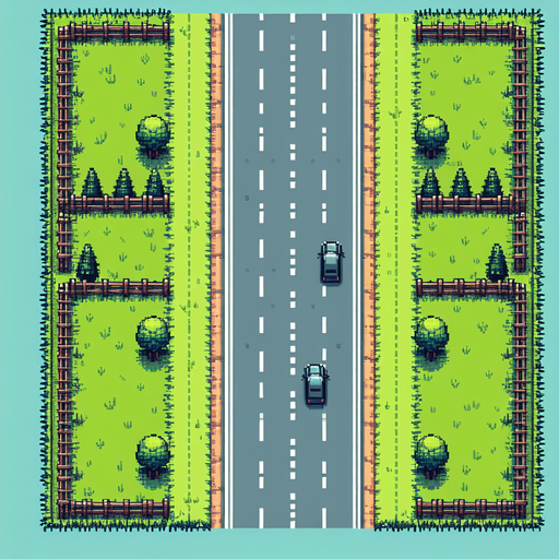 Top-down seamless vertically scrolling background for an endless driving game, central road with 3 lanes, side grass, trees, and fences, pixel art style, 512x1024 resolution".
Single Game Texture.  In-Game asset.  2d.  Blank background.  High contrast.  No shadows