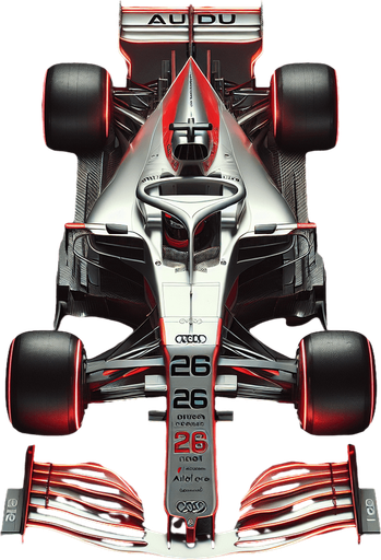 Photorealistic AUDI F1 race car, top view. 
Hex Color Code: #FF2A1B
Silver body with black stripes.
Luminous bright red rear wing and front wing, 
Audi's 4 piece of white ring on rear wing. 
White ,,Aidu Sport" text on front wing. 
red 26 number on nose.