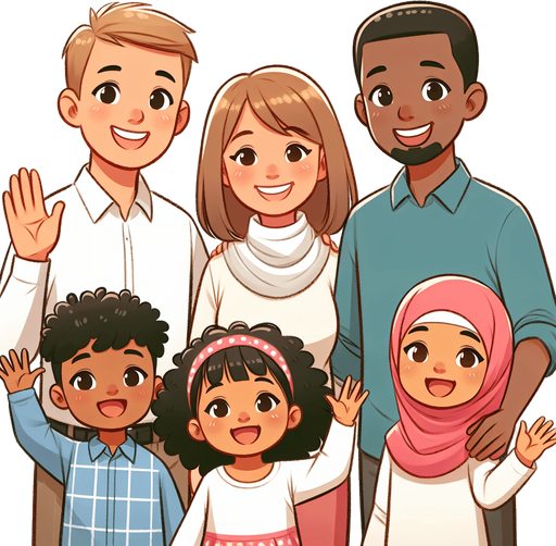A smiling family waving..
Single Game Texture. In-Game asset. 2d. Blank background. High contrast. No shadows.