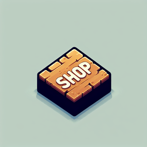 a text that is written "shop".
Single Game Texture. In-Game asset. 2d. Blank background. High contrast. No shadows.