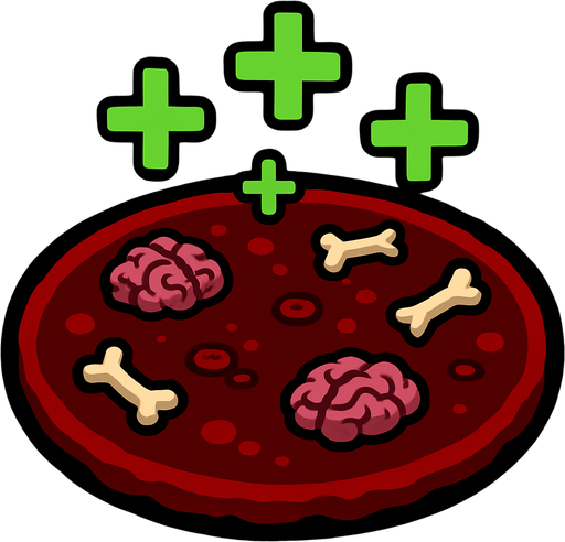 A healing blood pool with circular zombie brain and bone particles. Green + (healing) symbols on top. 2D..
In-Game asset.  2d.  High contrast.  No shadows