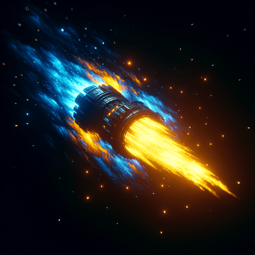Game texture, Single Spaceship Engine exhaust light particle, yellow blue fire. Black background.